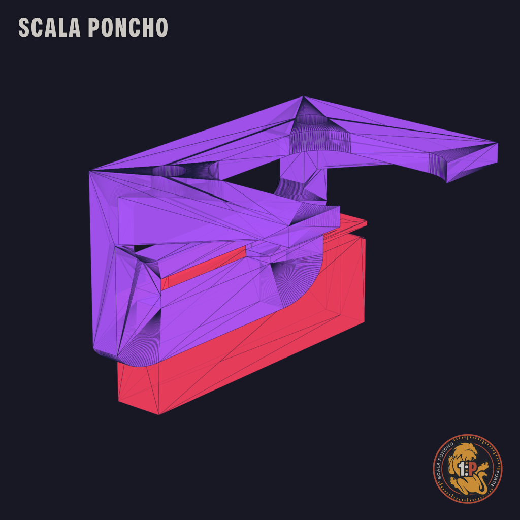 Dettaglio 3D in FreeCAD dell'incastro a baionetta tra tappo viola e staffa rossa