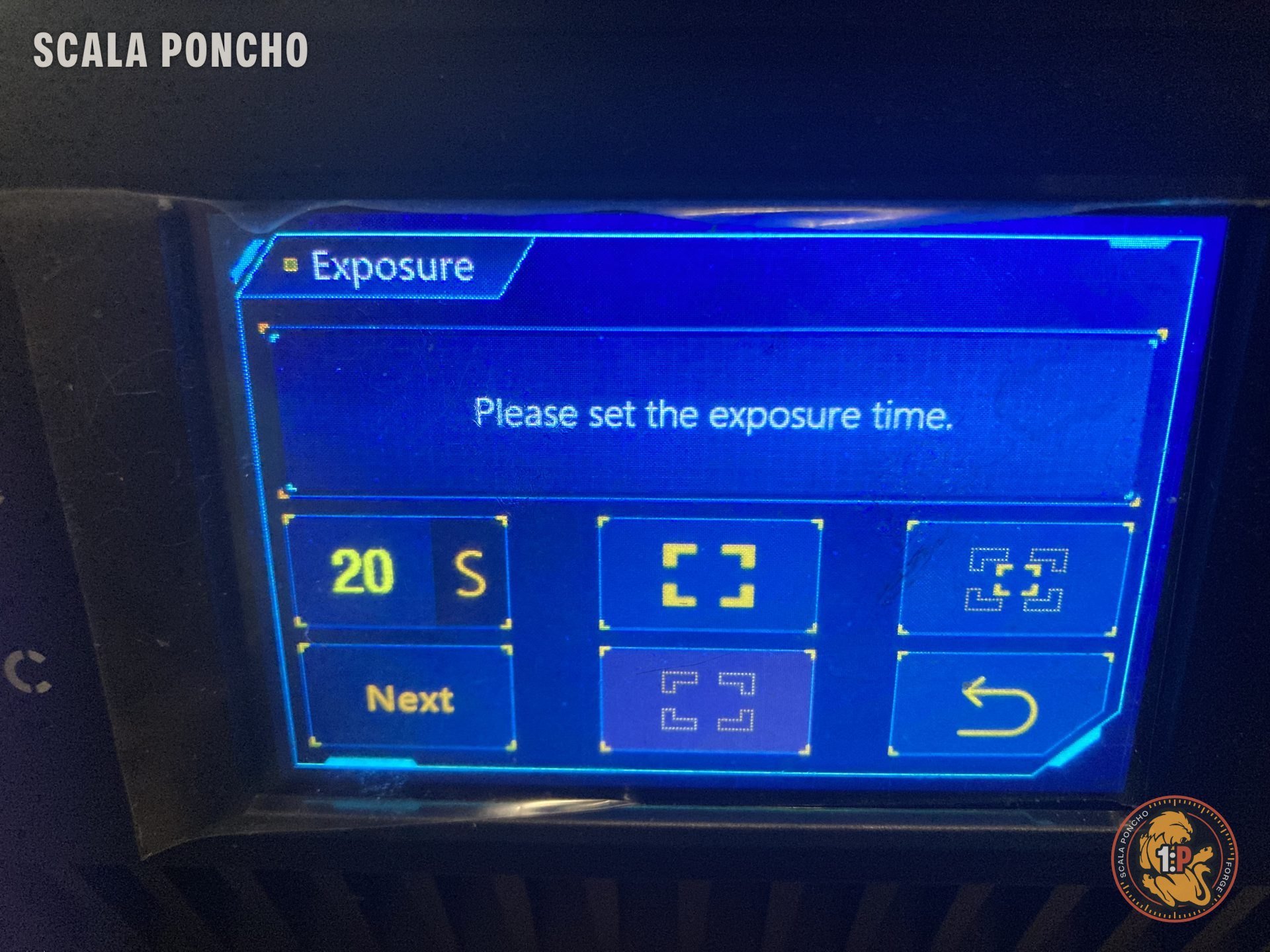 Printer exposure test menu with the time set to 20 seconds