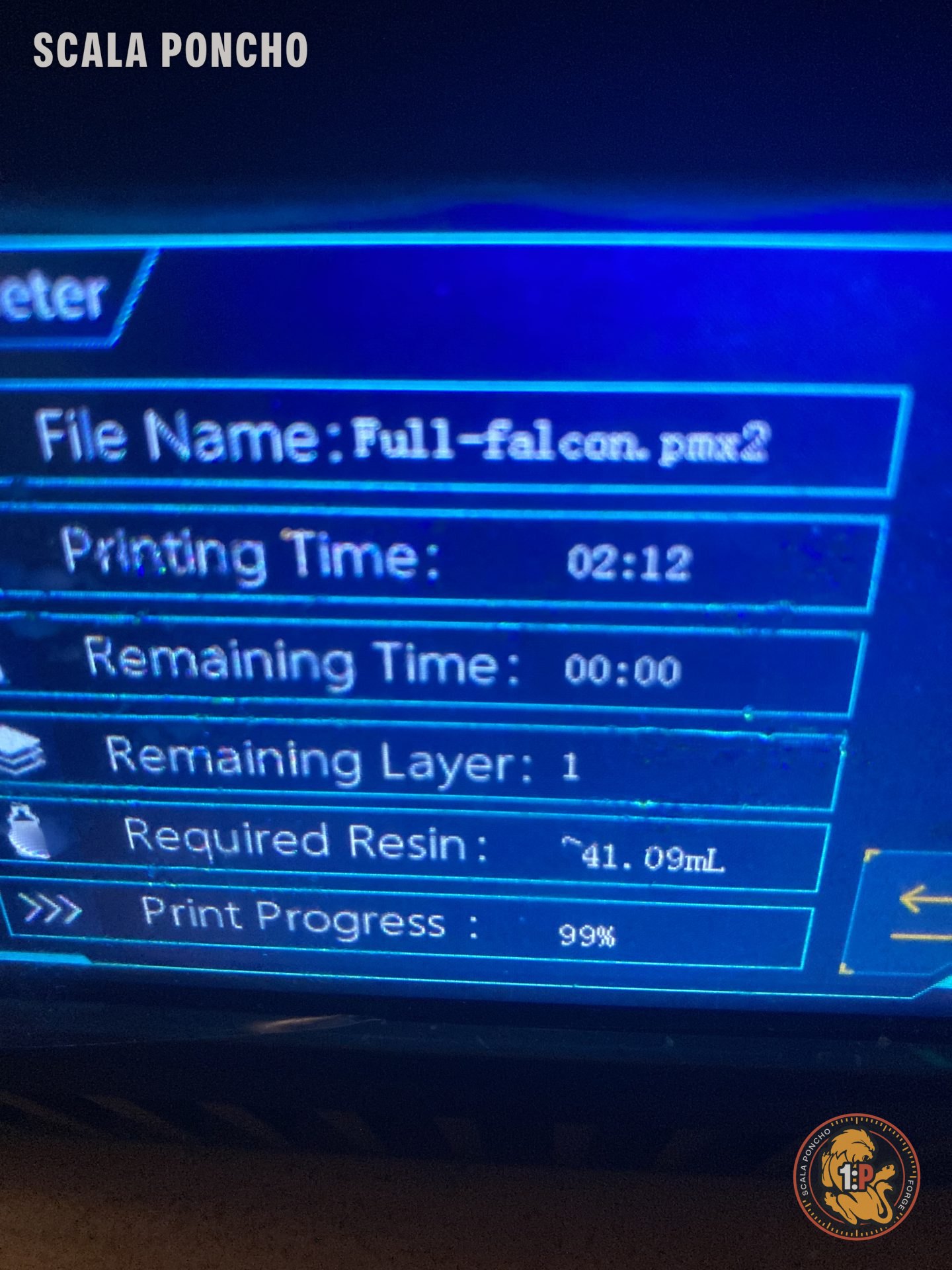 Resin printer display showing the data of a print at 99 percent